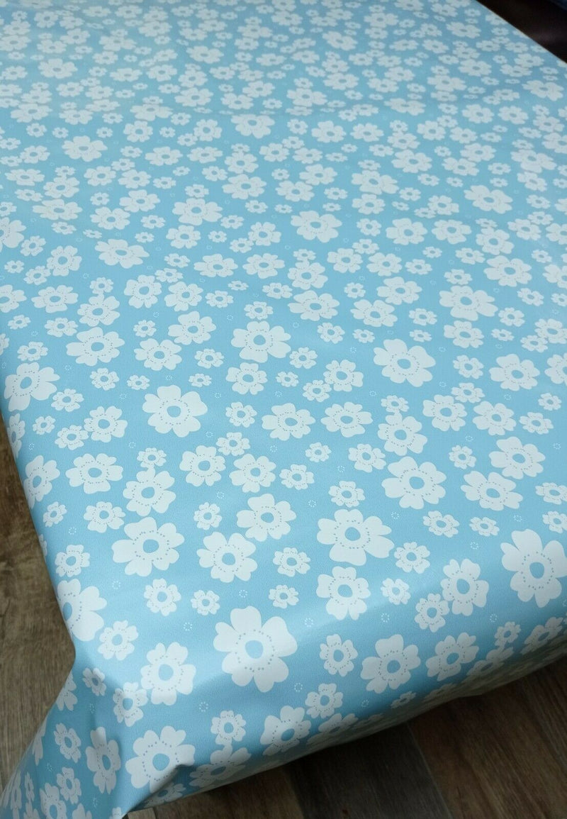 Polly Floral Sky Blue   PVC Vinyl Tablecloth 20 Metres x 140cm