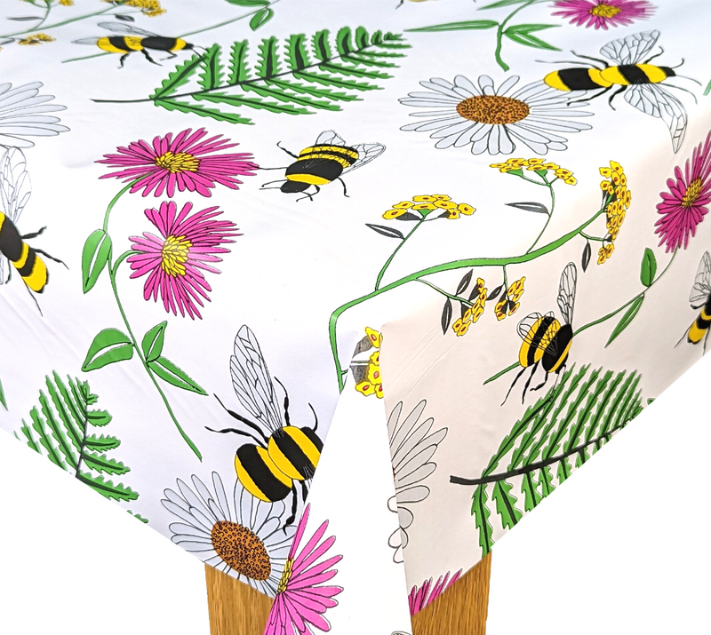 Busy Bee Meadow Bright Parasol Hole Wipe Clean Tablecloth Vinyl PVC 200cm x 140cm