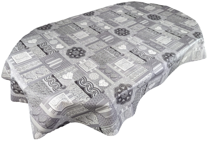 Oval Amelia Grey Hearts Wipe Clean PVC Vinyl Tablecloth 300cm x 140cm