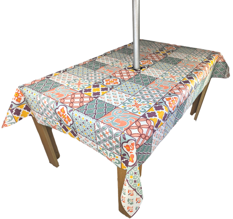 Porto Tiles Multi Tablecloth with Parasol Hole Wipe Clean Tablecloth Vinyl PVC 300cm x 140cm