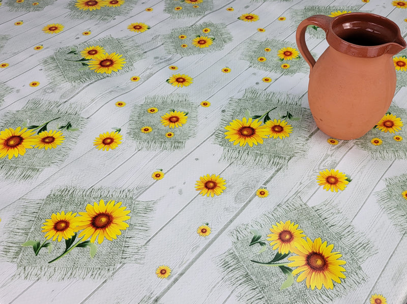 Sunflowers on Green Wood Design Vinyl Oilcloth Tablecloth